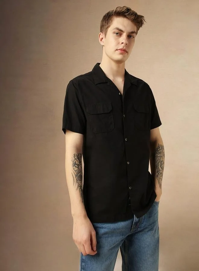 Dennis Lingo Relaxed Fit Black Cotton Casual Shirt Button Down Collar