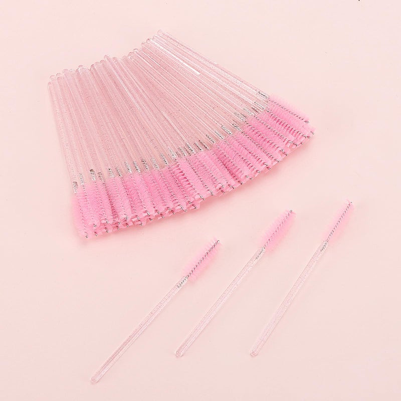 Tbestmax 50 Pcs Disposable Mascara Wands, Crystal Eyebrow Spoolies Brush for Eyelash Extensions, Pink Eye Lash and Makeup Brush - Image 3