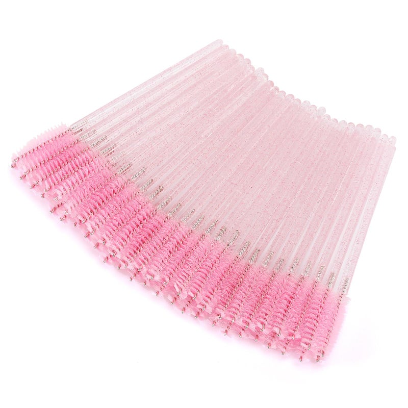 Tbestmax 50 Pcs Disposable Mascara Wands, Crystal Eyebrow Spoolies Brush for Eyelash Extensions, Pink Eye Lash and Makeup Brush - Image 1