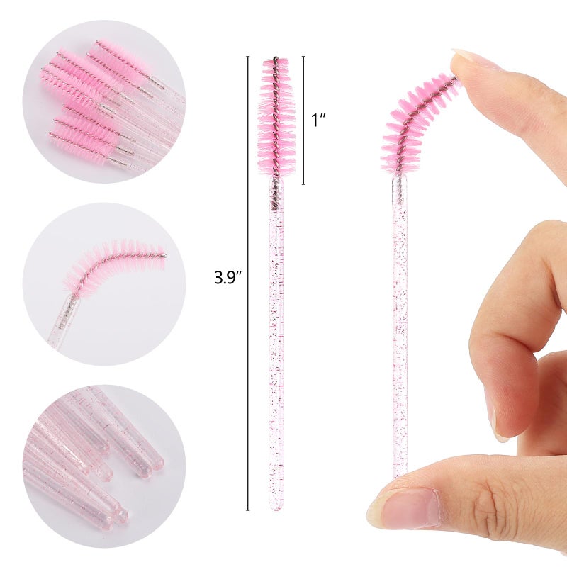 Tbestmax 50 Pcs Disposable Mascara Wands, Crystal Eyebrow Spoolies Brush for Eyelash Extensions, Pink Eye Lash and Makeup Brush - Image 2