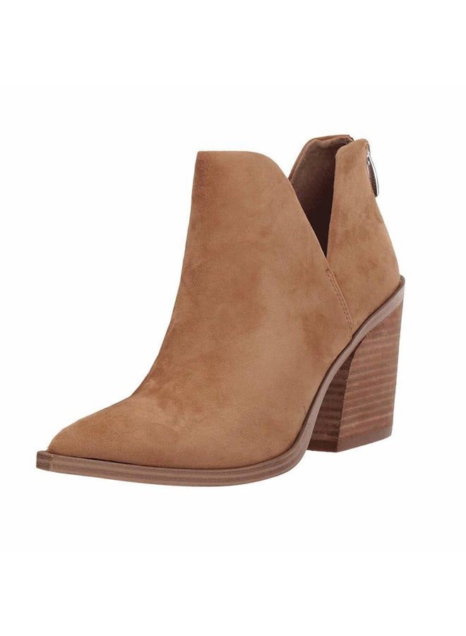 FISACE Womens' Pointed Toe Stacked Mid Heel V Cut Back Zipper Ankle Boots, Brown Suede, 9 - Image 1
