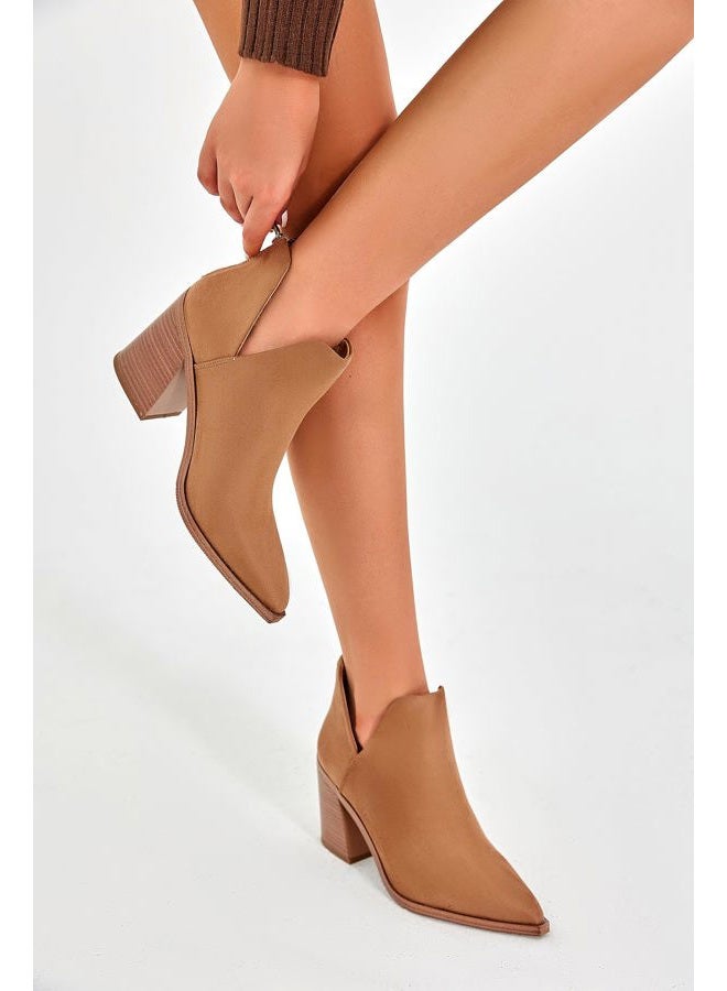 FISACE Womens' Pointed Toe Stacked Mid Heel V Cut Back Zipper Ankle Boots, Brown Suede, 9 - Image 2