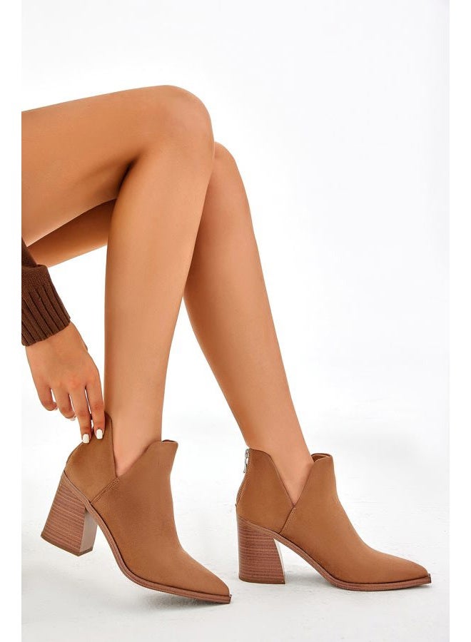 FISACE Womens' Pointed Toe Stacked Mid Heel V Cut Back Zipper Ankle Boots, Brown Suede, 9 - Image 3