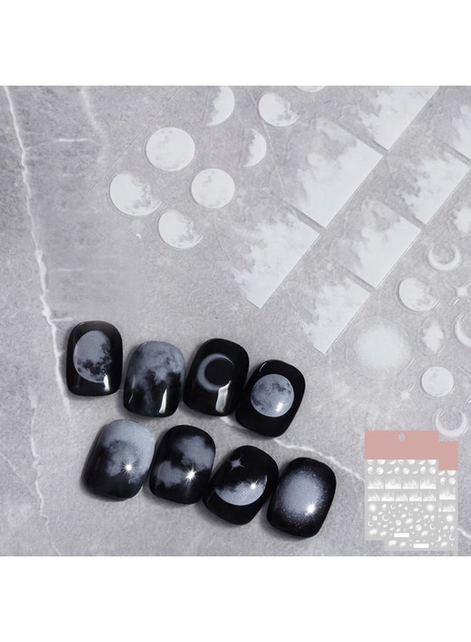 TPhaelay Night Sky Nail Art Sticker Decals 3D White Moon Star AWN Cloud Pattern Nail Tips Semi Transparent Design Fashion Charm DIY Toenails Nail Tattoos for Women Girls Manicure Nail Decoration (2 Sheets) - Image 1