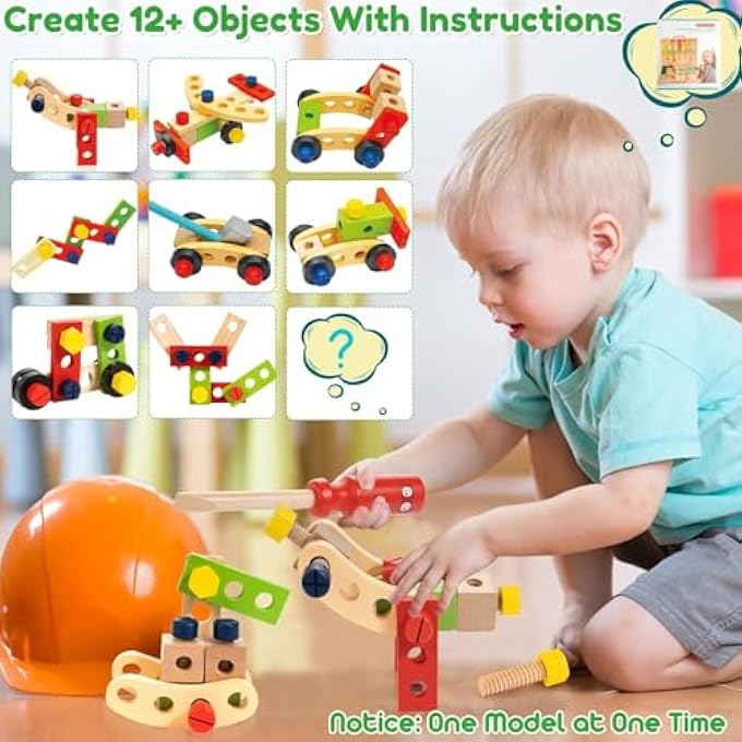 TOOL KIT FOR KIDS, WOODEN TOOL BOX WITH BUILDING TOY SET CREATIVE DIY EDUCATIONAL CONSTRUCTION (PACK OF 33) - Image 4