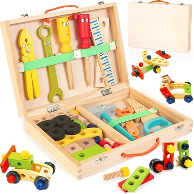 TOOL KIT FOR KIDS, WOODEN TOOL BOX WITH BUILDING TOY SET CREATIVE DIY EDUCATIONAL CONSTRUCTION (PACK OF 33) - Image 2