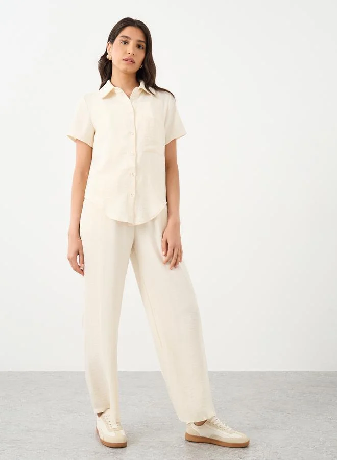 تايك تو Take Two Cream Solid Shirt and Straight Leg Pants Co-Ords