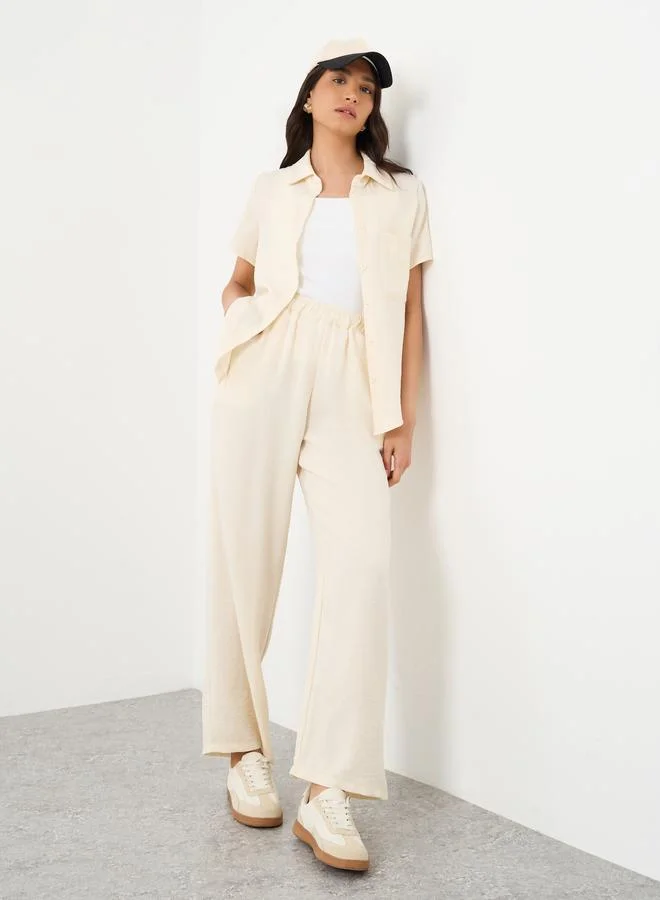 تايك تو Take Two Cream Solid Shirt and Straight Leg Pants Co-Ords