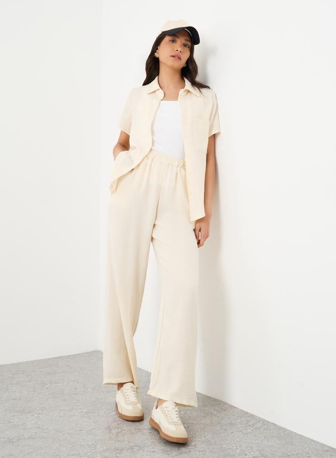 Take Two Cream Solid Shirt and Straight Leg Pants Co-Ords - Image 1