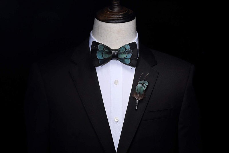 canjoyn Peacock Bow Tie Feather Pre-tied Bowtie Brooch Sets Tuxedo Banquet Necktie - Image 4