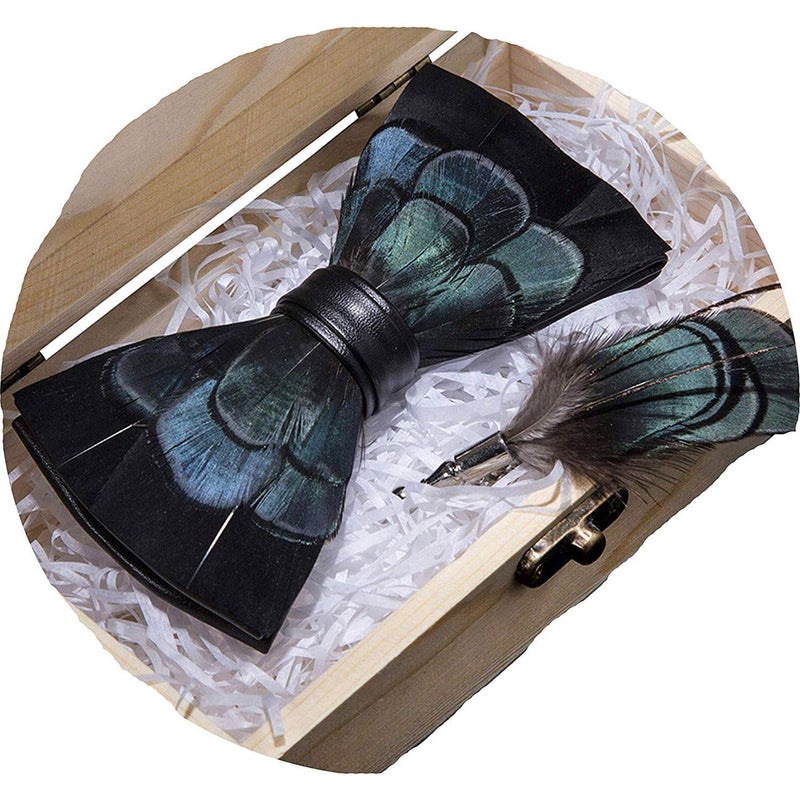 canjoyn Peacock Bow Tie Feather Pre-tied Bowtie Brooch Sets Tuxedo Banquet Necktie - Image 1