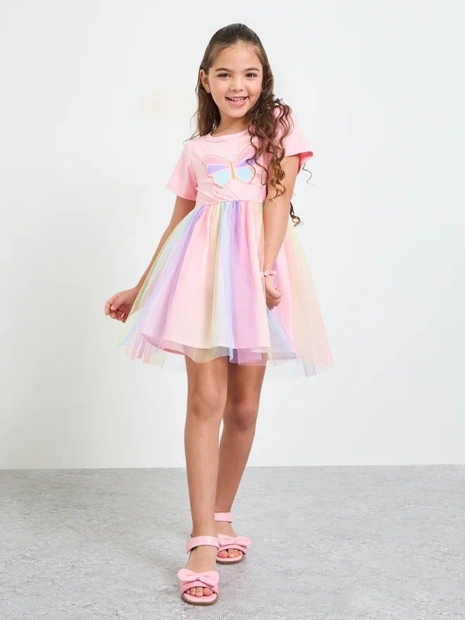 Styli Styli Girls Butterfly Print Layered Mesh Dress