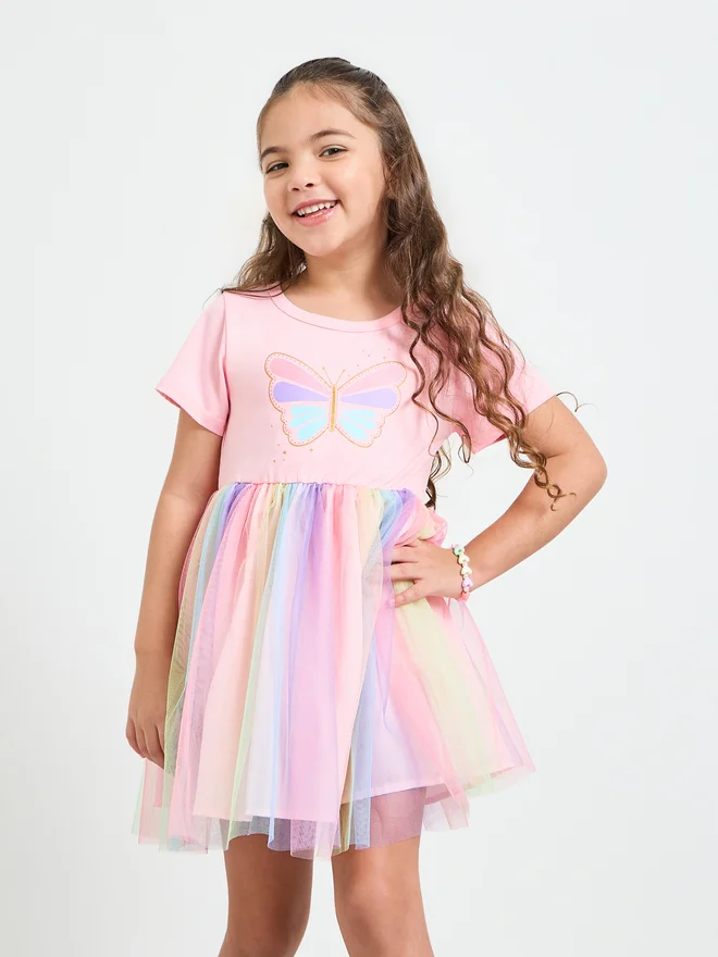 Styli Styli Girls Butterfly Print Layered Mesh Dress