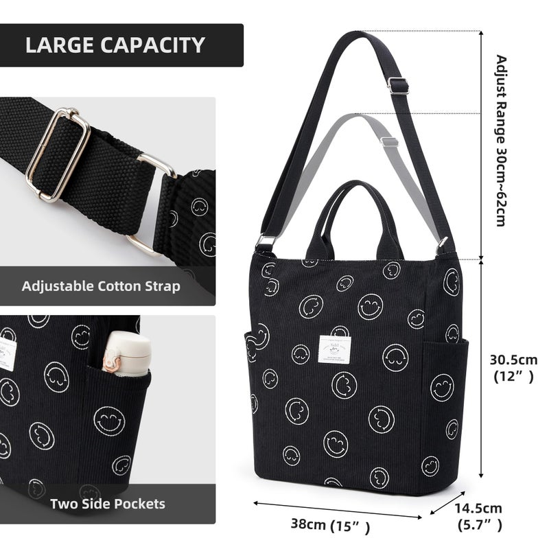 KALIDI Corduroy Tote Bag, Large Messenger Bag Shoulder Hobo Crossbody Zipper Bag Casual Work Shopping Women Black - Image 4