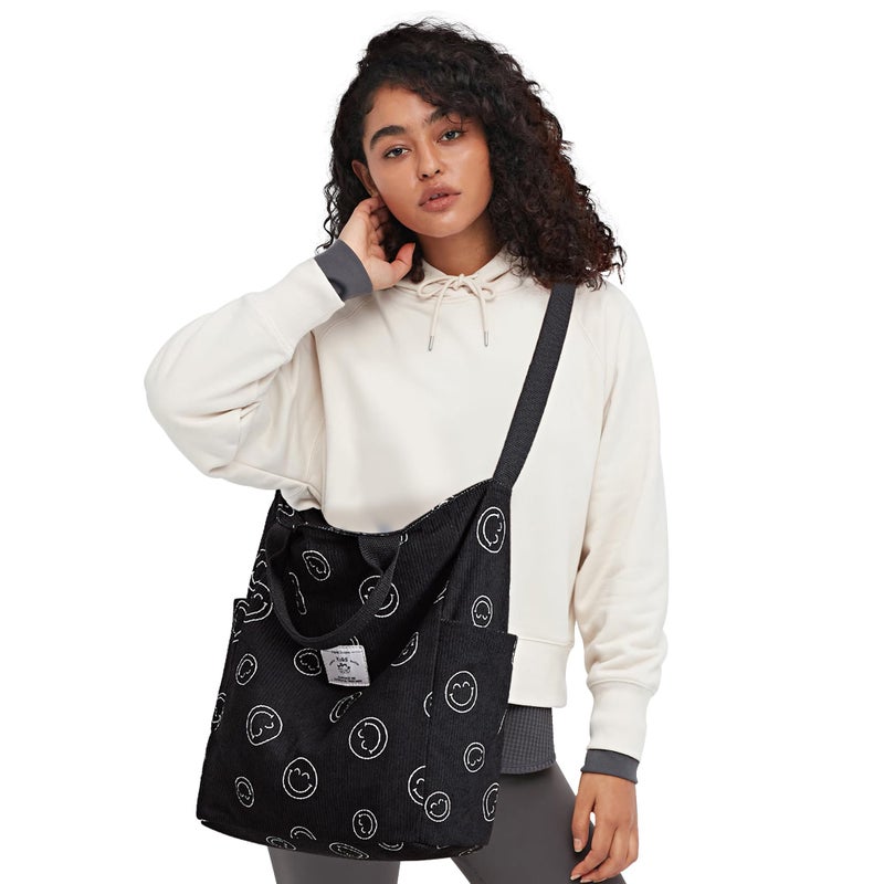KALIDI Corduroy Tote Bag, Large Messenger Bag Shoulder Hobo Crossbody Zipper Bag Casual Work Shopping Women Black - Image 2