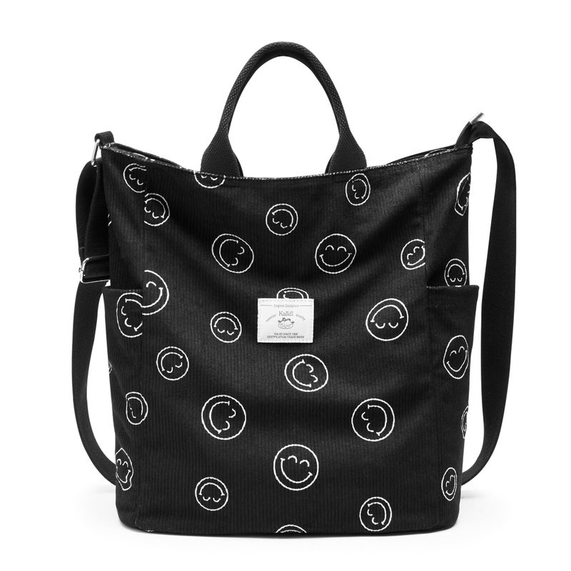 KALIDI Corduroy Tote Bag, Large Messenger Bag Shoulder Hobo Crossbody Zipper Bag Casual Work Shopping Women Black - Image 1