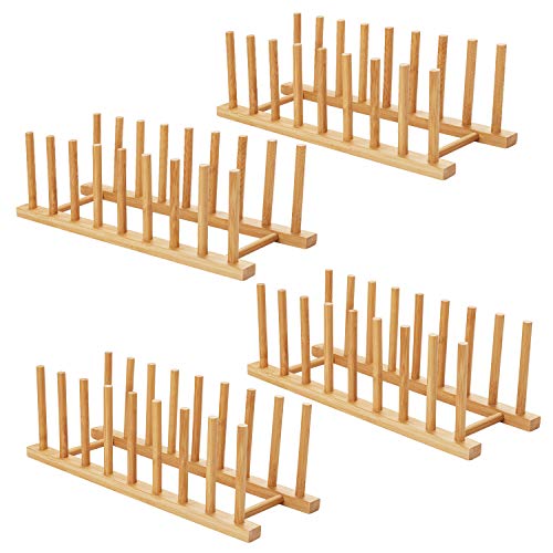 HBlife 4pcs Bamboo Dish Plate Bowl Cup Book Pot Lid Cutting Board Drying Rack Stand Drainer Storage Holder Organizer Kitchen Cabinet (set of 4) - Image 1
