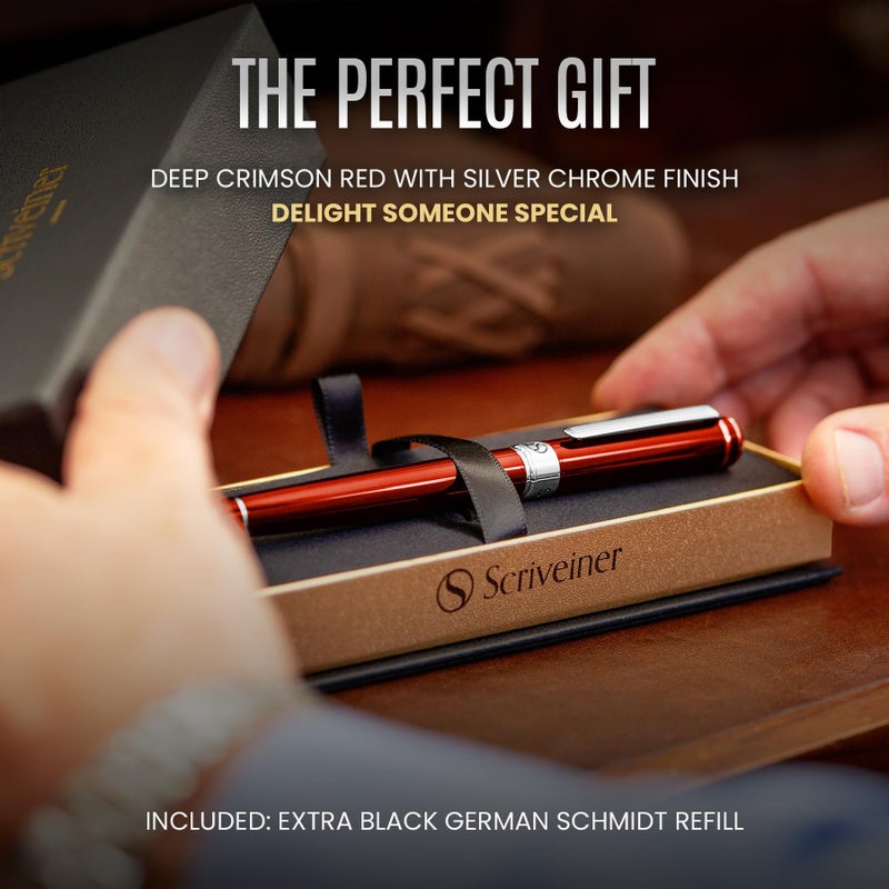 Scriveiner Deep Crimson Red Rollerball - Stunning Red Lacquer Luxury Pen with Chrome Finish, Schmidt Ink Refills, Roller Ball Pen Gift Set for Men & Women, Professional, Executive, Office, Nice Pens - Image 3