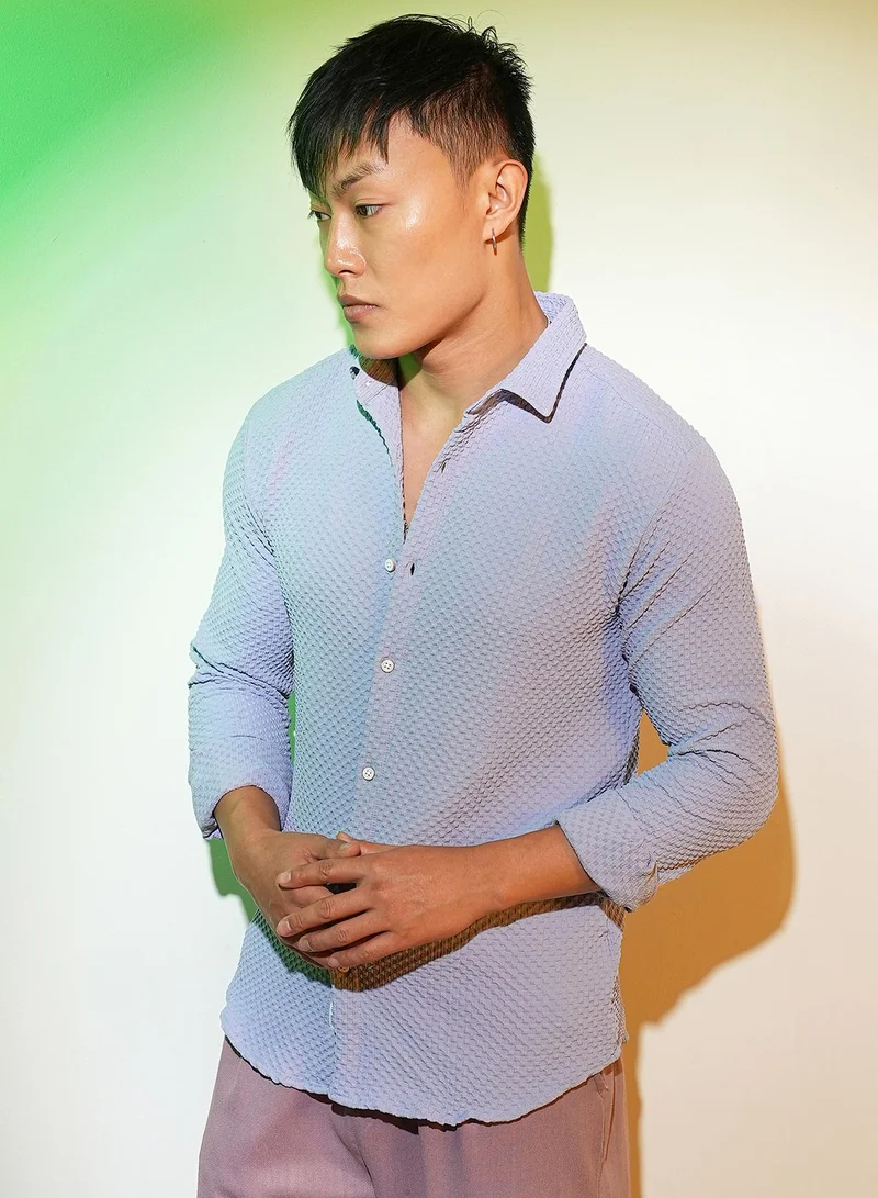 Campus Sutra Men's Icy Blue Embossed Micro Check Shirt