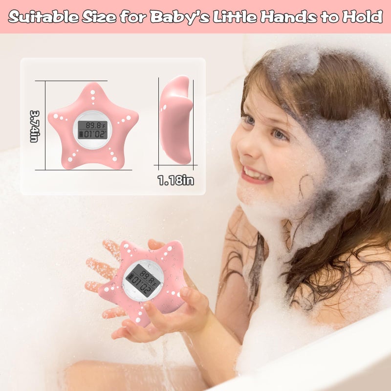 LEDFAAH Baby Bath Thermometer Safety, Auto On & Off Bathtub Thermometer Floating Toy, Digital Bathing Water Temperature Warning, Pink Sea Star Shape - Image 2