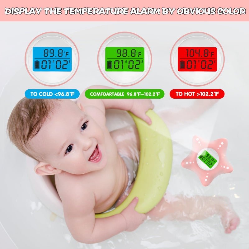 LEDFAAH Baby Bath Thermometer Safety, Auto On & Off Bathtub Thermometer Floating Toy, Digital Bathing Water Temperature Warning, Pink Sea Star Shape - Image 3