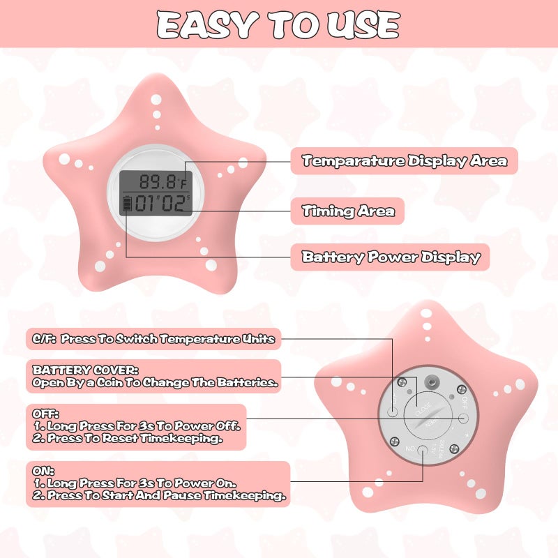 LEDFAAH Baby Bath Thermometer Safety, Auto On & Off Bathtub Thermometer Floating Toy, Digital Bathing Water Temperature Warning, Pink Sea Star Shape - Image 4