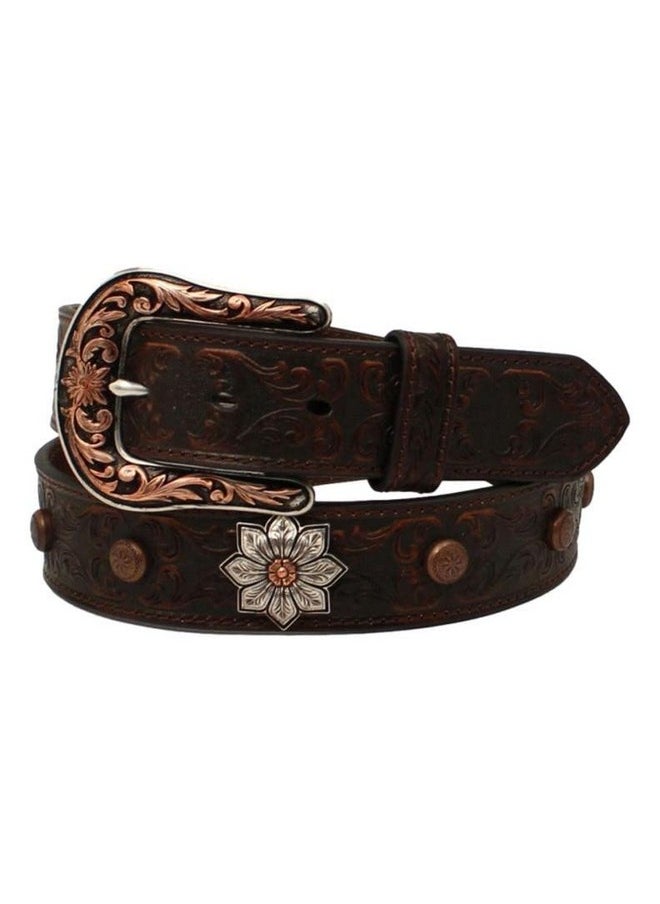 ARIAT - Ladies Genuine Leather Belt Floral Embossed With Large Flower Conchos Antique Copper Accents Brown Large - Image 1