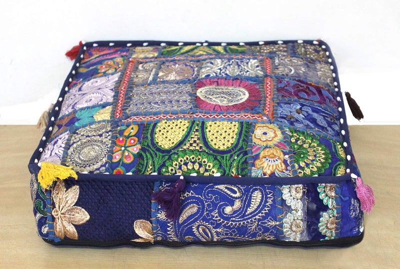 CRAFT KALA Indian Square Patchwork Traditional Pouf Cover Indian Living Room Poufs Decorative Embroidered Designer Ottoman Home Living Footstool Chair Cover Decor Pillow Cover 18x18x5 inches Blue
