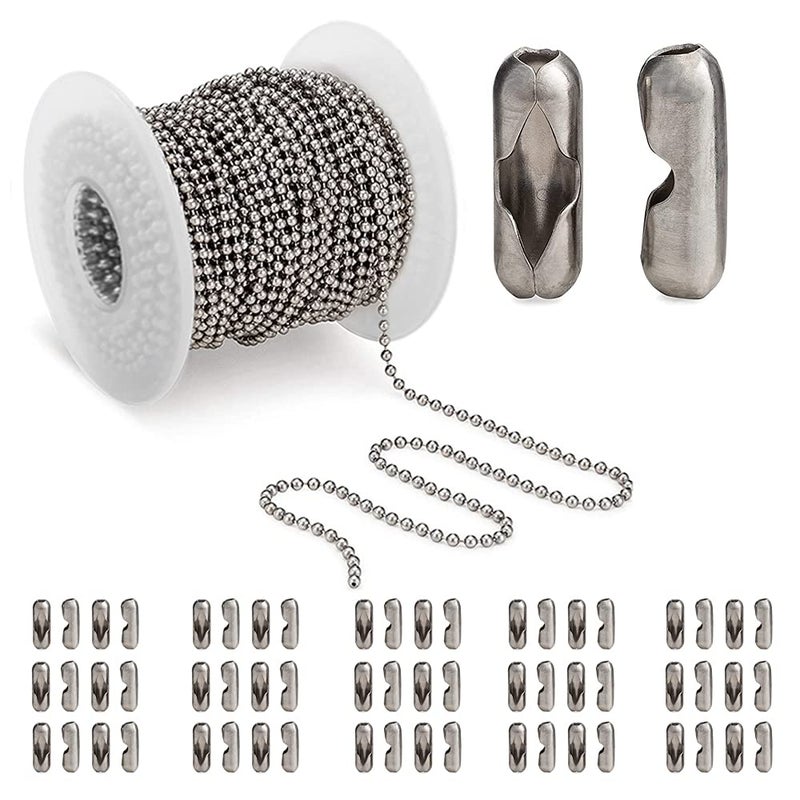 Wayilea Ball Bead Chain 52 Feet Stainless Steel Ball Chains with 100 Pieces Matching Connectors Clasps DIY Necklace Making Craft Dog Tag Key Chain 24mm Ball 1 Roll 16 Meters