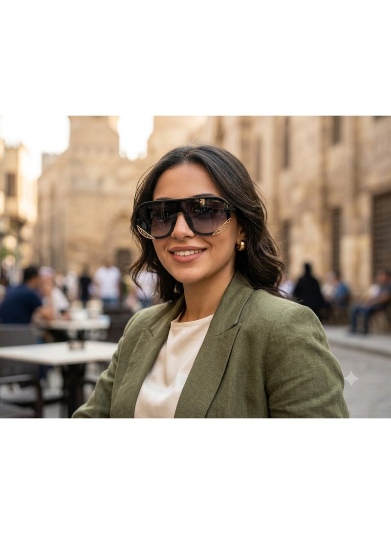 Women's Modern Shield Sunglasses - Gradient Lenses with Black Frame & Side Gold Details (UV400 Protection) - Image 3
