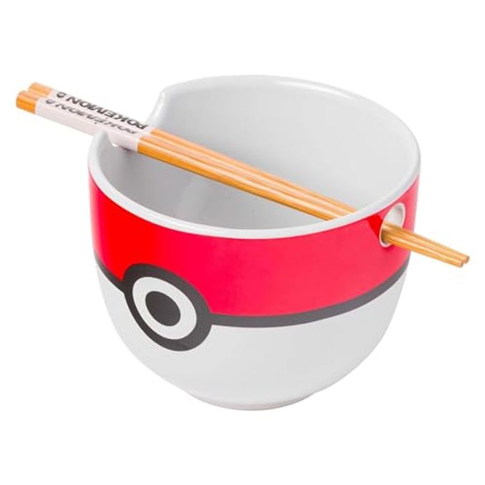 Silver Buffalo Pokemon Pokeball Ceramic Ramen Noodle Bowl with Chopsticks, Microwave Safe, 20 Ounces - Image 1