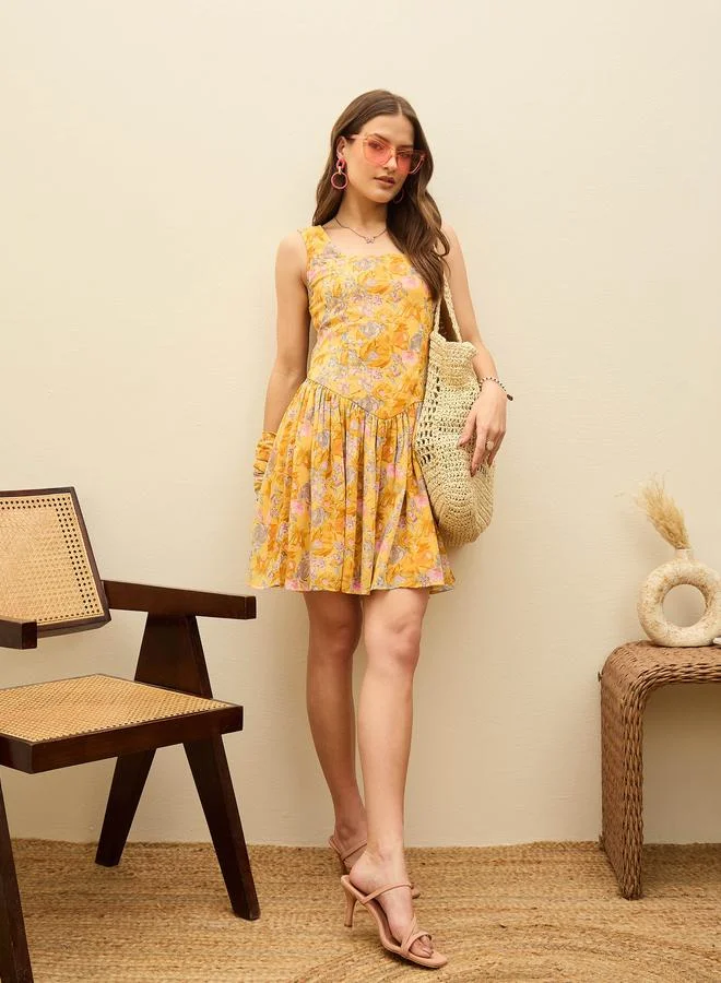 ساسافراس Sassafras Floral Print Square Neck Mini Dress