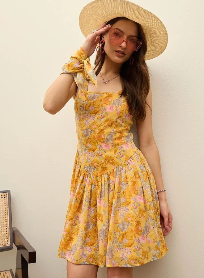 ساسافراس Sassafras Floral Print Square Neck Mini Dress