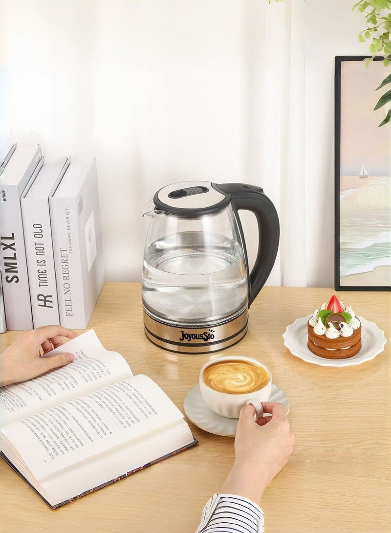 متجر الفرح غلاية كهربائية زجاجية فاخرة، 1500 وات، غلاية مياه سعة 2 لتر مع إضاءة LED، سهلة التنظيف والاستخدام، إيقاف التشغيل التلقائي، مقبض يعمل باللمس البارد، إيقاف التشغيل التلقائي وحماية الغليان الجاف. مثالية للشاي والقهوة، زجاج أسود - Image 3