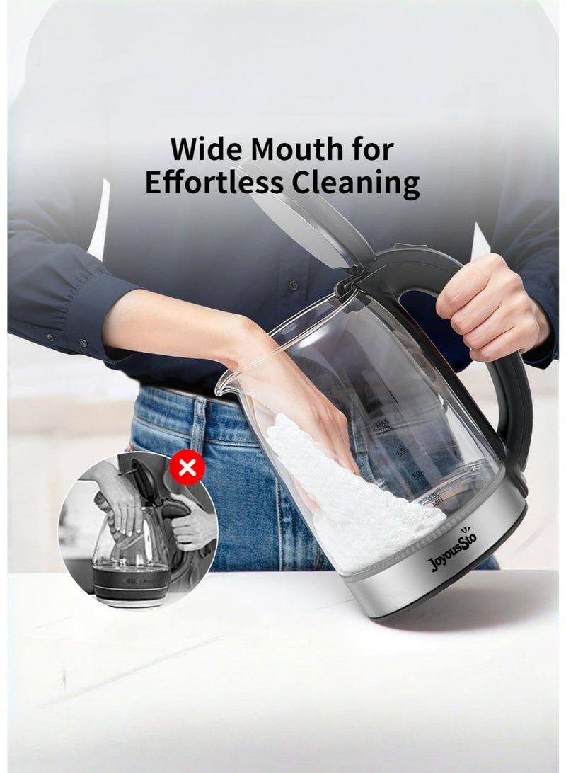 متجر الفرح غلاية كهربائية زجاجية فاخرة، 1500 وات، غلاية مياه سعة 2 لتر مع إضاءة LED، سهلة التنظيف والاستخدام، إيقاف التشغيل التلقائي، مقبض يعمل باللمس البارد، إيقاف التشغيل التلقائي وحماية الغليان الجاف. مثالية للشاي والقهوة، زجاج أسود - Image 5