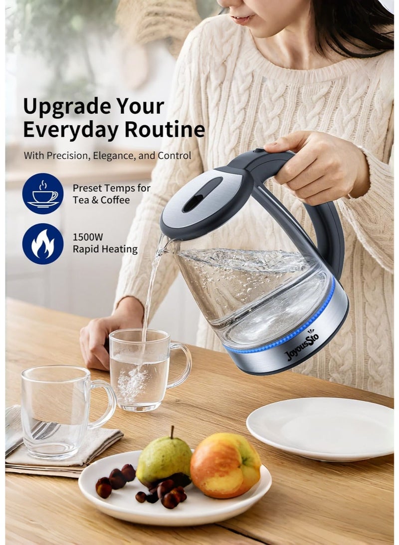 متجر الفرح غلاية كهربائية زجاجية فاخرة، 1500 وات، غلاية مياه سعة 2 لتر مع إضاءة LED، سهلة التنظيف والاستخدام، إيقاف التشغيل التلقائي، مقبض يعمل باللمس البارد، إيقاف التشغيل التلقائي وحماية الغليان الجاف. مثالية للشاي والقهوة، زجاج أسود - Image 4