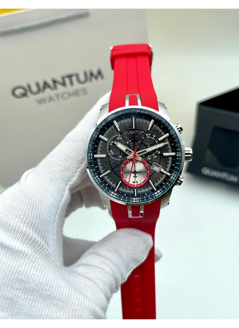 Quantum Men's New Model Silicone Red Color Original Wristwatch with Functional Calendar + Genuine Leather Card Holder Wallet Gift  - Image 1