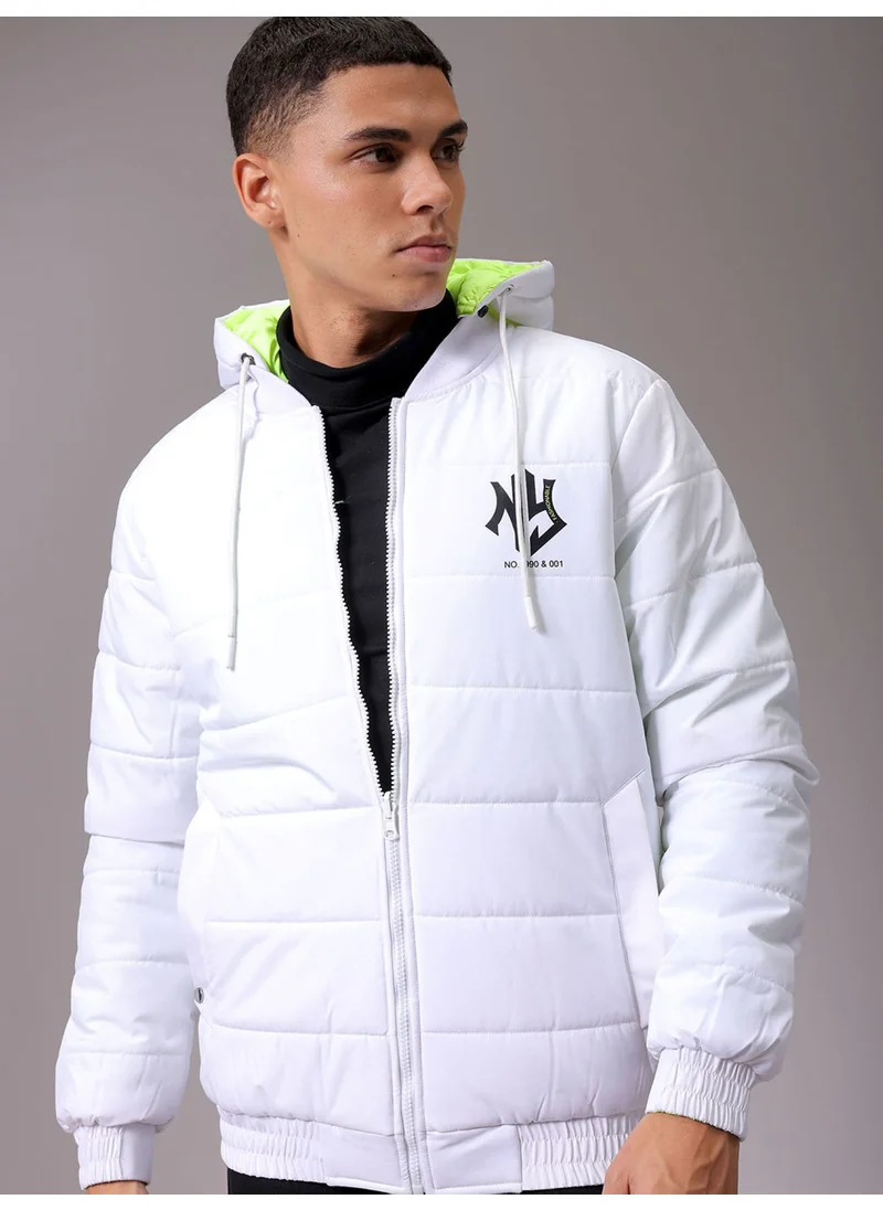 The Indian Garage Co Mens White Slim Fit Reversible Hooded Zipper Placket Zipper Pocket Winter Jacket