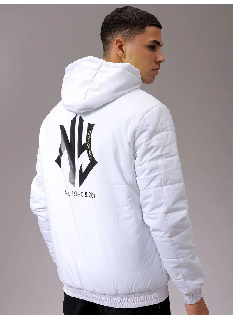 The Indian Garage Co Mens White Slim Fit Reversible Hooded Zipper Placket Zipper Pocket Winter Jacket