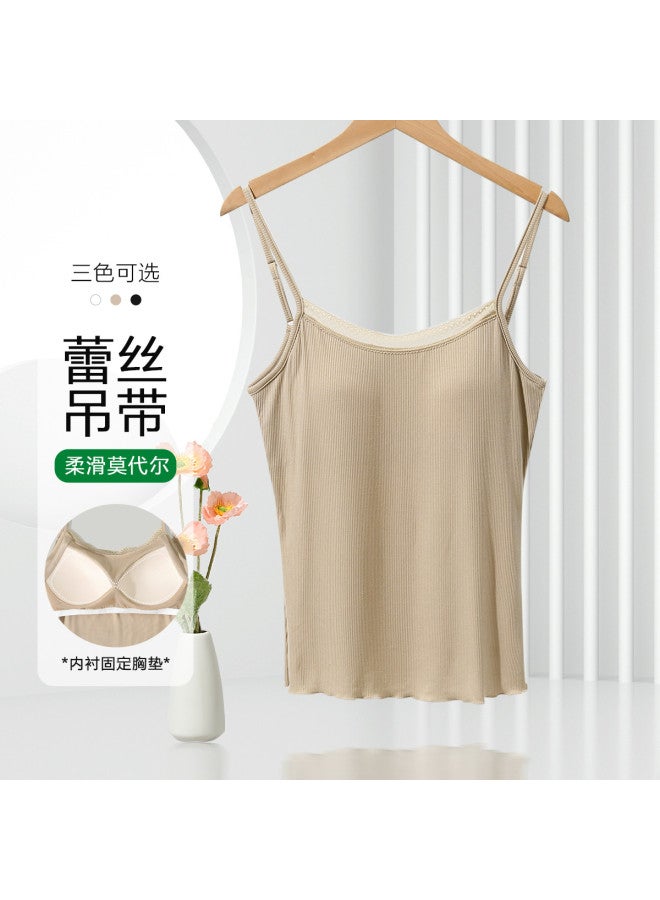 Red Bean Vertical Striped Modal Camisole With Built-In Bra Pads And Lace Trim For Women - Image 2