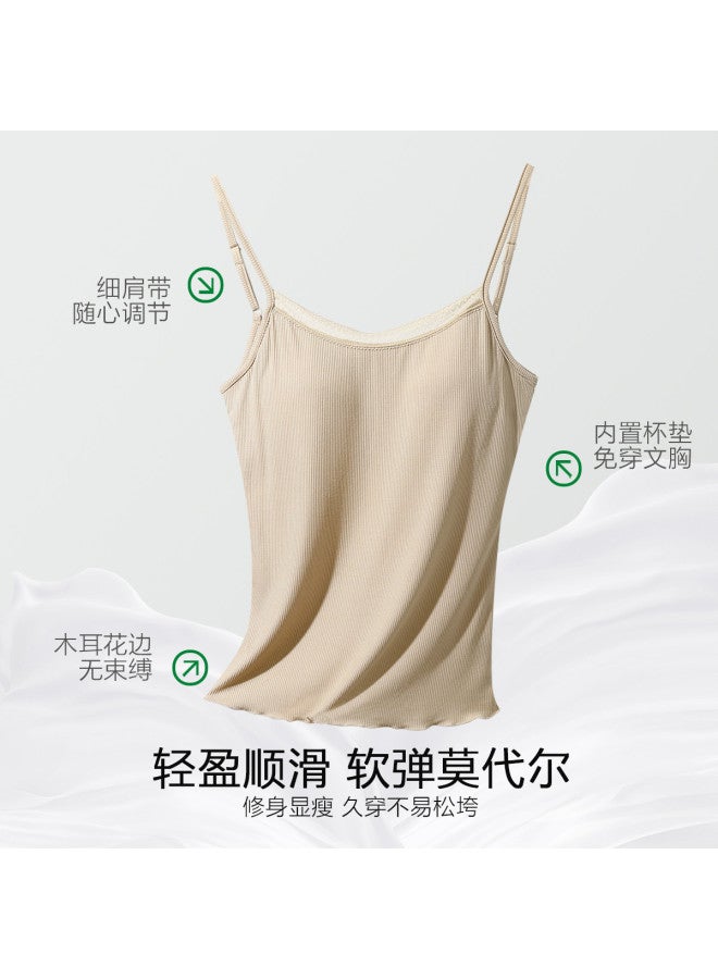 Red Bean Vertical Striped Modal Camisole With Built-In Bra Pads And Lace Trim For Women - Image 3