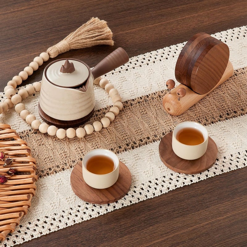 Yangbaga Wooden Coasters for Drinks-Natural Acacia Wood Drink Coaster Set for Coffee Table, Cute Coasters for Modern Home Decor Tabletop Protection for Any Table Type, Set of 5-Dia 3.5 * 3.5inchs - Image 4