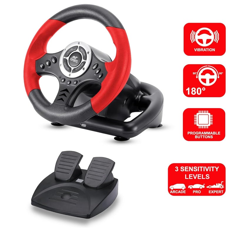ANT Esports Renewed - GW170 Racing Steering Wheel with Pedals, 180° Rotation, Compact USB Gaming Wheel for PC, PS4, PS3, Xbox One, Xbox Series X/S, Switch & Android TV (Red/Black) - Image 2