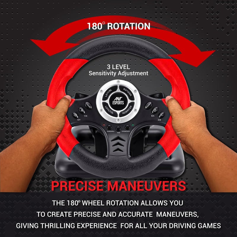 ANT Esports Renewed - GW170 Racing Steering Wheel with Pedals, 180° Rotation, Compact USB Gaming Wheel for PC, PS4, PS3, Xbox One, Xbox Series X/S, Switch & Android TV (Red/Black) - Image 3