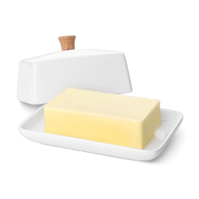 Flexzion Ceramic White European Butter Dish with Lid for Countertop 8 Inch  Wide 2 Stick Double Butter Holder for Counter Cream Cheese Container Storage Keeper