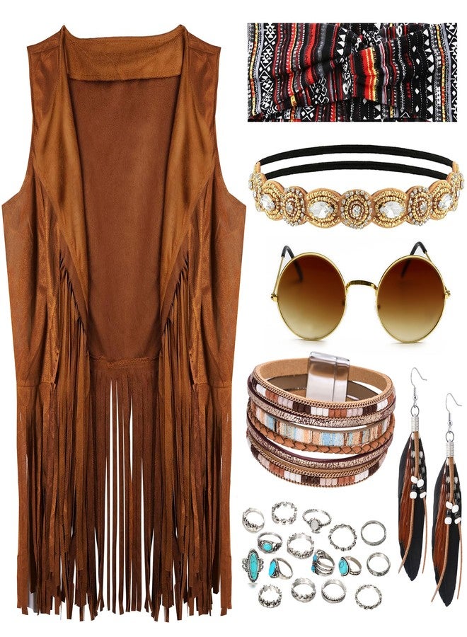 FEYIR 60s 70s Outfit for Women Hippy Accessories Fringe Hippie Vest Clothes for Halloween Disco Party Hippie Costume Set, Brown, L - Image 1