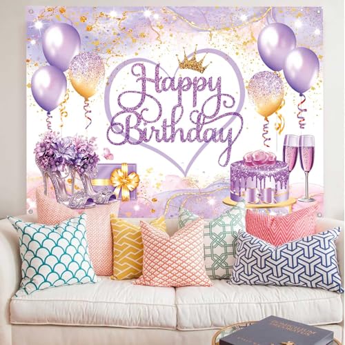 LDWLYW Purple Gold Happy Birthday Banner Backdrop Pink Purple Sign Birthday Decorations for Women Girls Large Balloons High Heels Champagne Theme Photo Background Party Decor 5x3 ft - Image 5