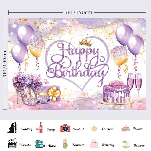 LDWLYW Purple Gold Happy Birthday Banner Backdrop Pink Purple Sign Birthday Decorations for Women Girls Large Balloons High Heels Champagne Theme Photo Background Party Decor 5x3 ft - Image 3
