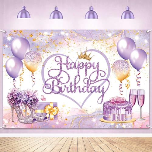 LDWLYW Purple Gold Happy Birthday Banner Backdrop Pink Purple Sign Birthday Decorations for Women Girls Large Balloons High Heels Champagne Theme Photo Background Party Decor 5x3 ft - Image 1