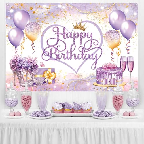 LDWLYW Purple Gold Happy Birthday Banner Backdrop Pink Purple Sign Birthday Decorations for Women Girls Large Balloons High Heels Champagne Theme Photo Background Party Decor 5x3 ft - Image 4